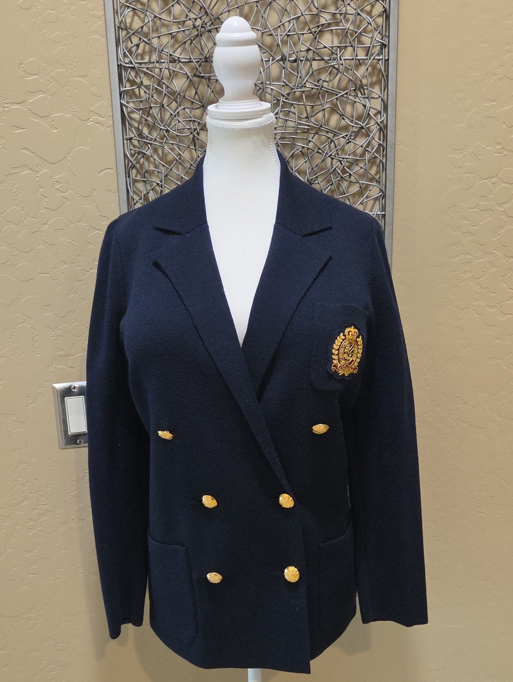 Lauren Ralph Lauren Navy Double-Breasted Crest Sweater Blazer with Gold Buttons